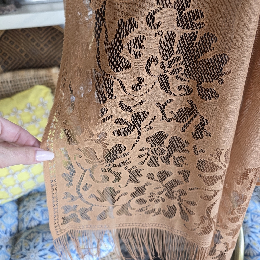 Fringe Wrap Hippie Vintage Tan Floral Lace Scarf Boho Chic Bohemian - Picture 5 of 10